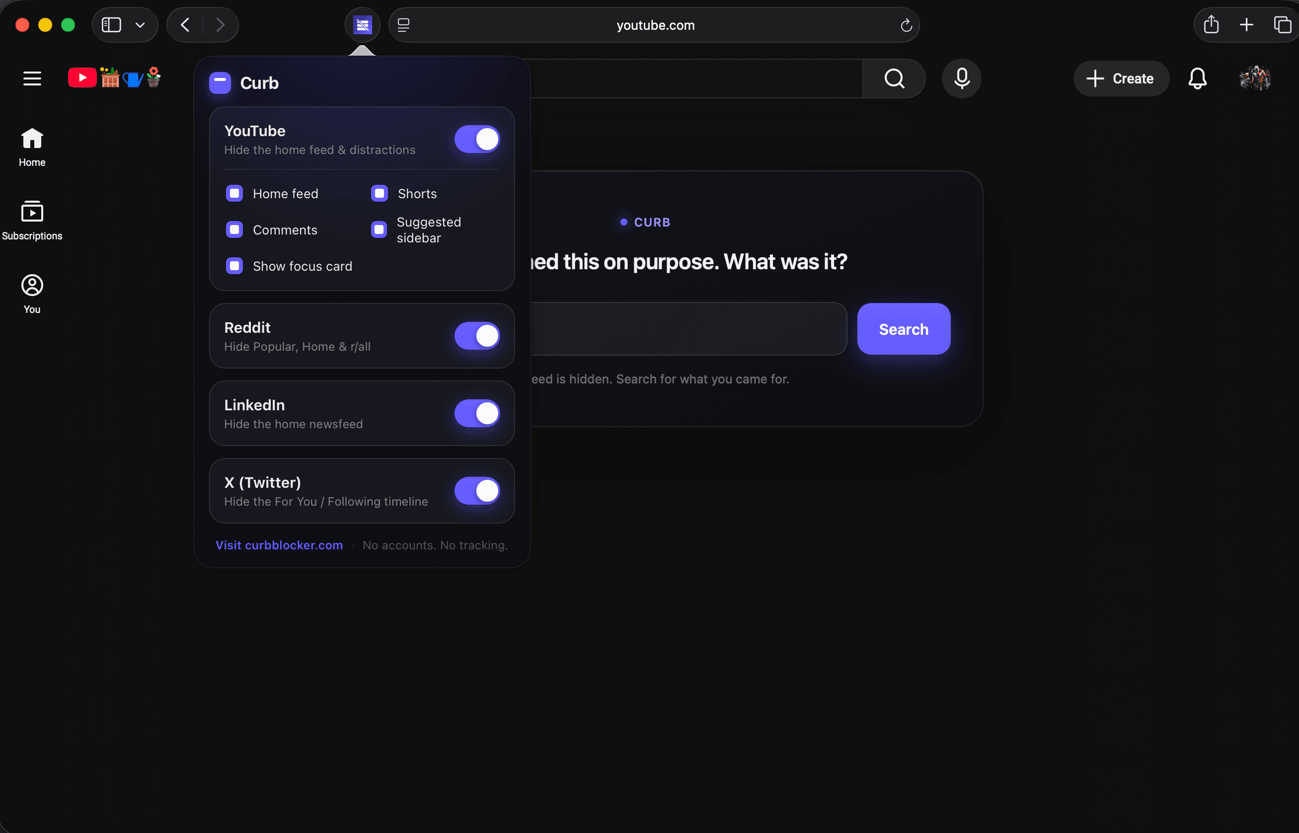 YouTube home feed hidden with Curb on