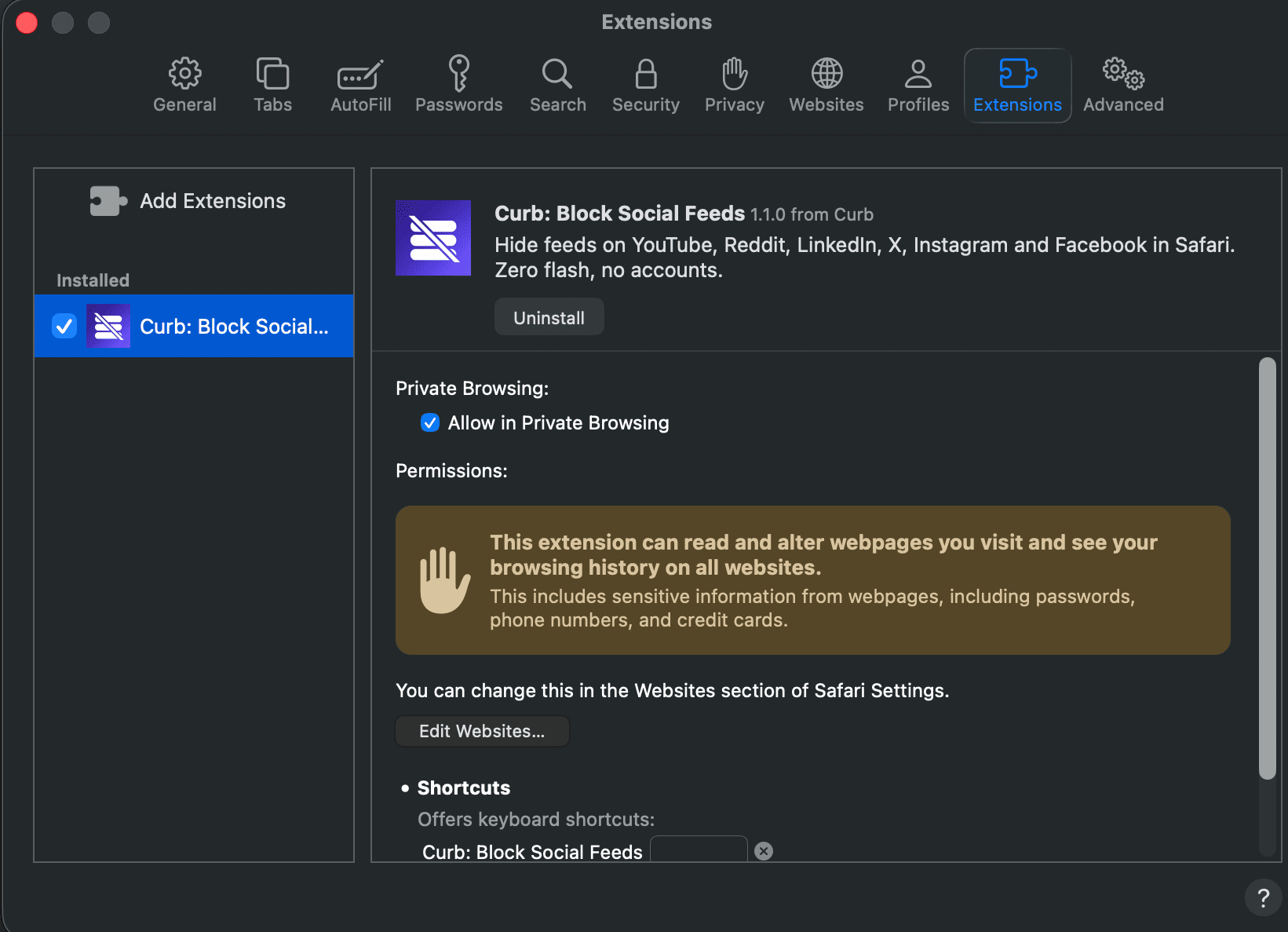 Curb enabled in Safari Extensions with Apple's standard permission warning visible