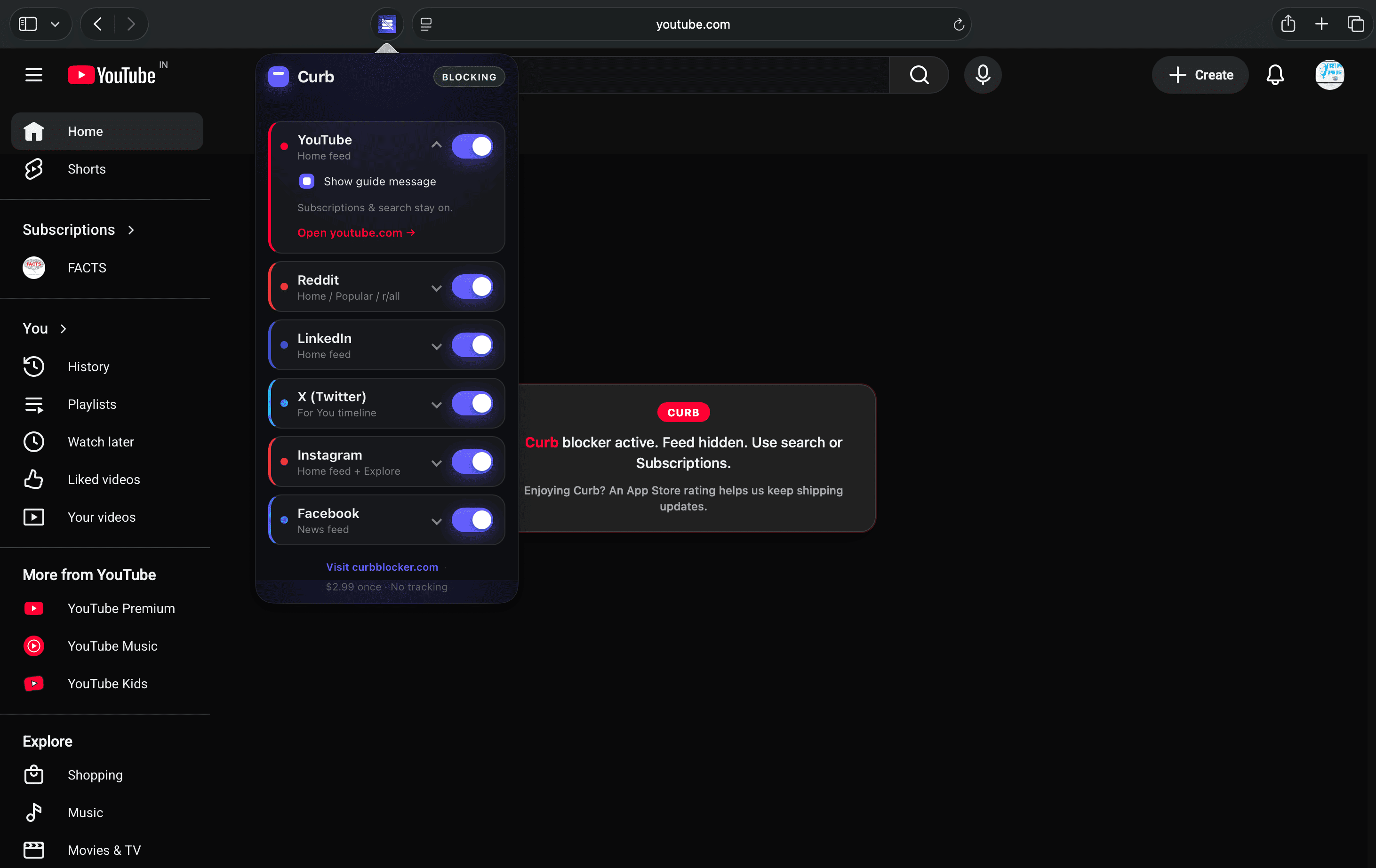 YouTube home feed hidden with Curb active